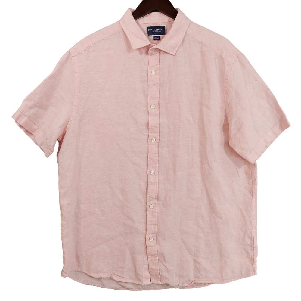 Charles Tyrwhitt Button Down Shirt Mens XL Pink Linen Classic Fit Short Sleeve